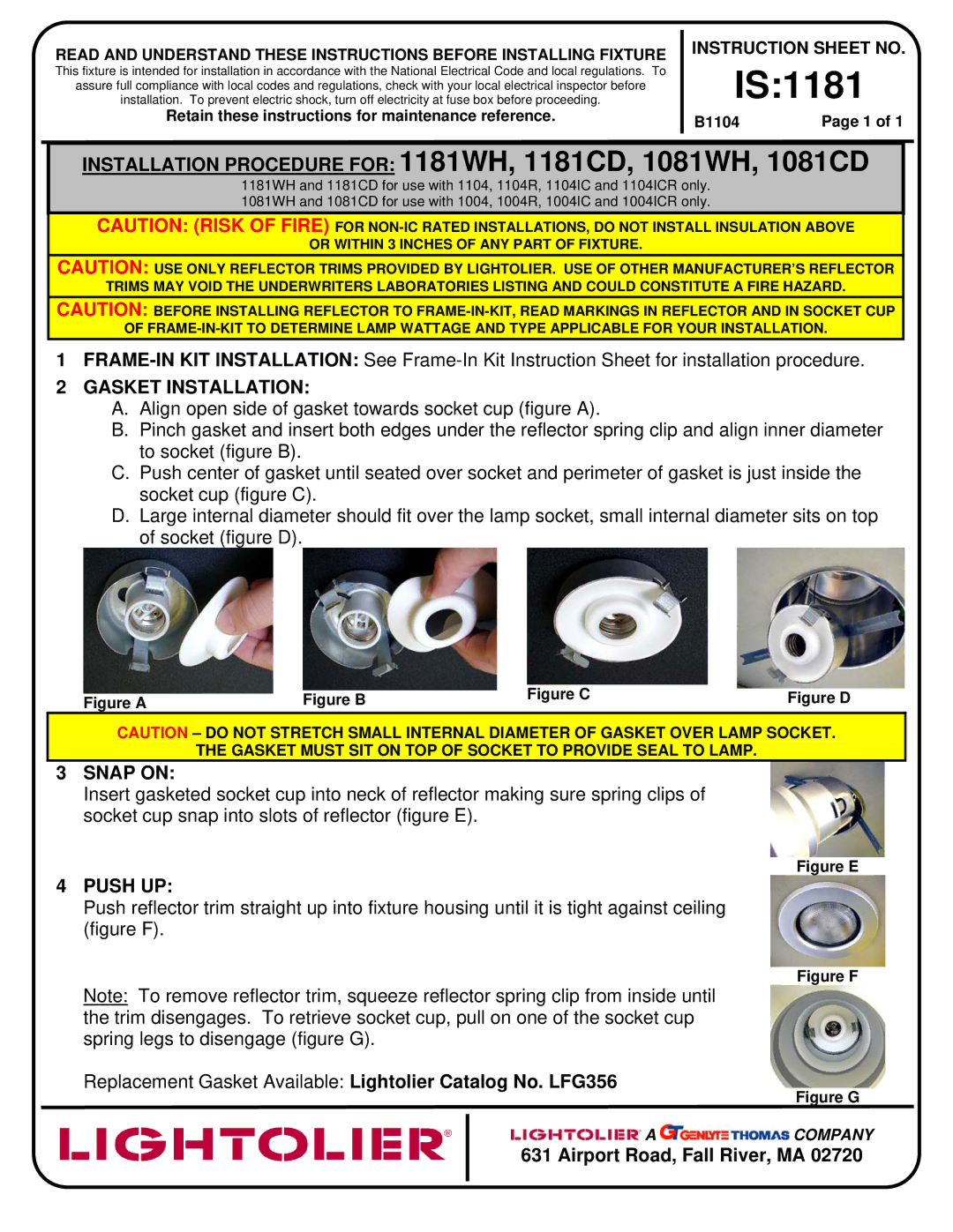 Lightolier instruction sheet IS1181, Installation Procedure for 1181WH, 1181CD, 1081WH, 1081CD, Gasket Installation 