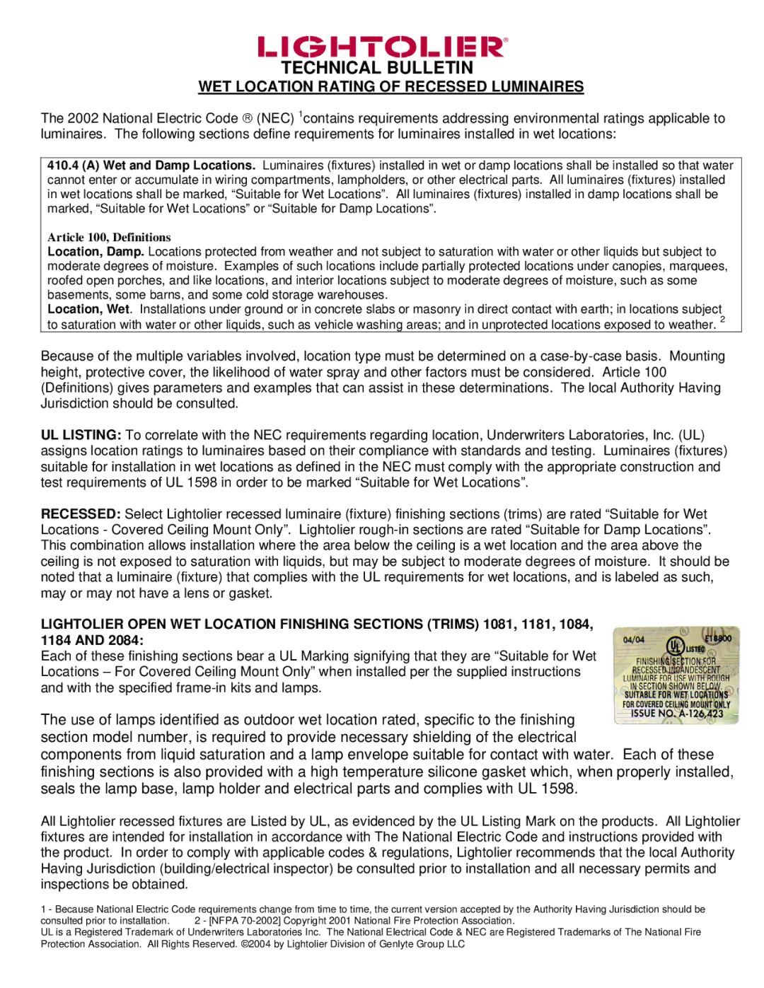 Lightolier 1181 Technical Bulletin, WET Location Rating of Recessed Luminaires, 1184, Article 100, Definitions 