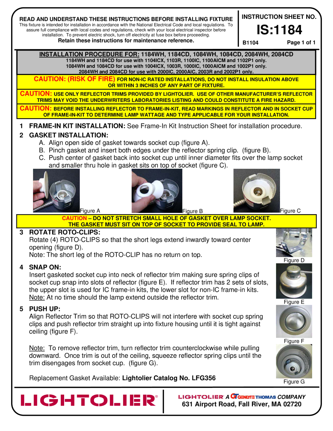 Lightolier 1184WH, 1184CD, 2084WH instruction sheet IS1184, Gasket Installation, Rotate ROTO-CLIPS, Snap on, Push UP 