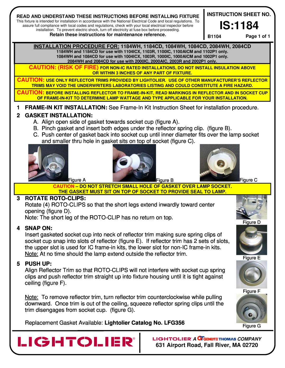 Lightolier 1184WH, 1184CD, 2084WH instruction sheet 2GASKET INSTALLATION, 3ROTATE ROTO-CLIPS, Snap On, 5PUSH UP, Is 