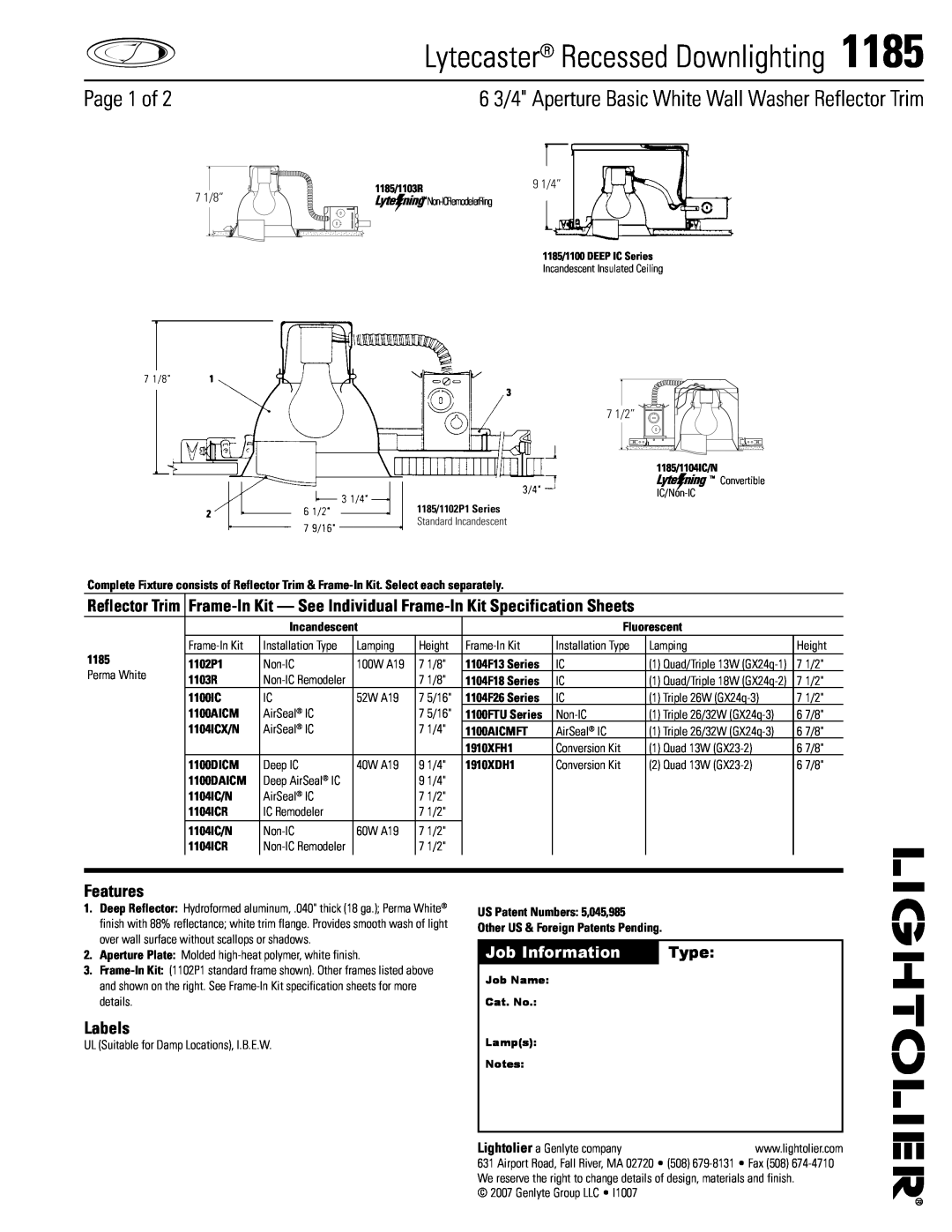 Lightolier 1185 specifications Lytecaster Recessed Downlighting, Page  of, Job Information, Type, Features, Labels 