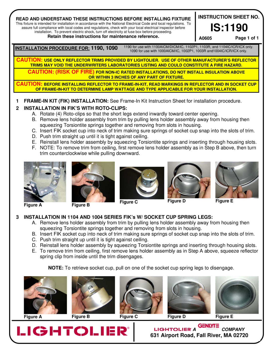 Lightolier instruction sheet IS1190, Instruction Sheet no, Installation in FIK’S with ROTO-CLIPS 