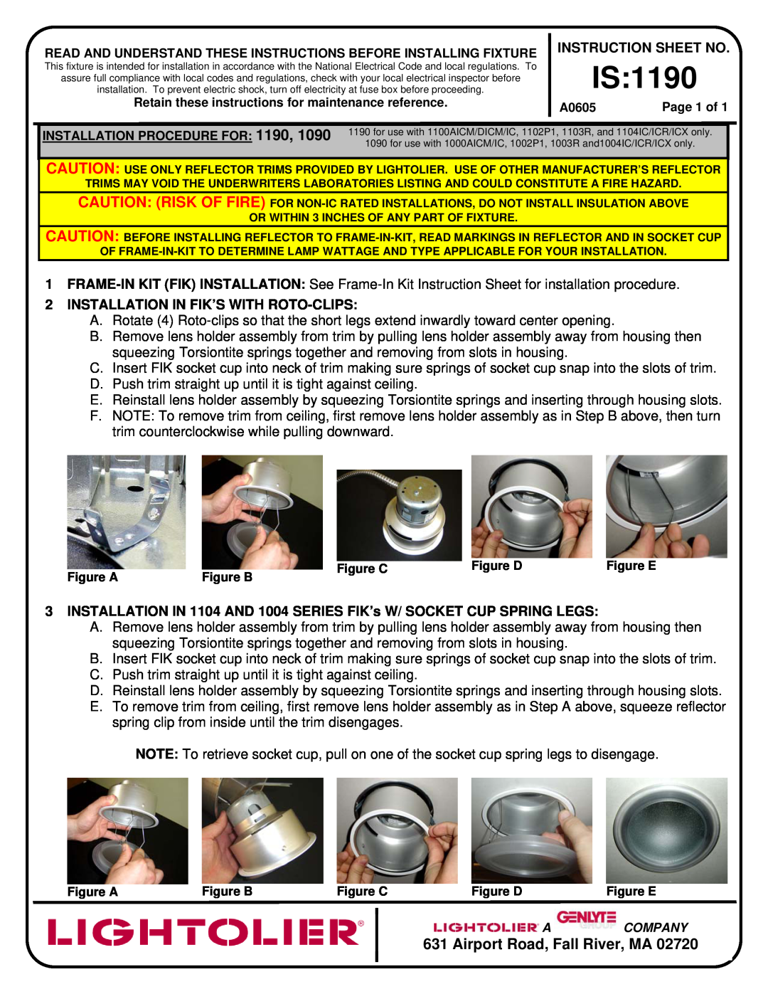 Lightolier instruction sheet IS1190, Airport Road, Fall River, MA, Instruction Sheet No 