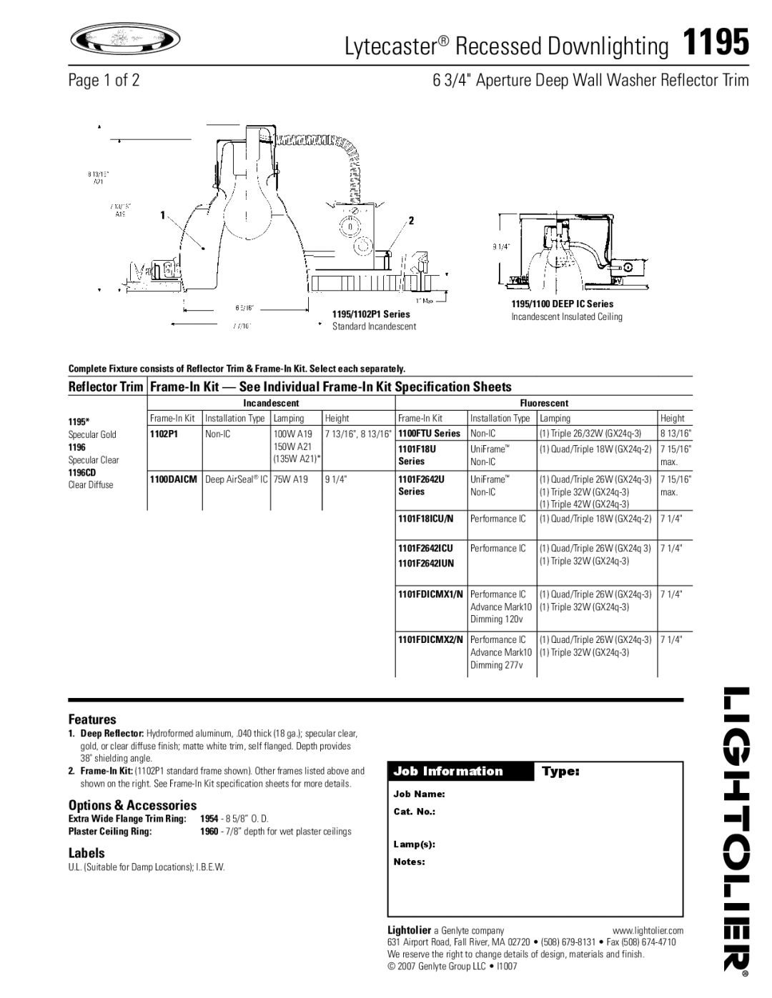 Lightolier 1195 specifications Features, Options & Accessories, Labels 