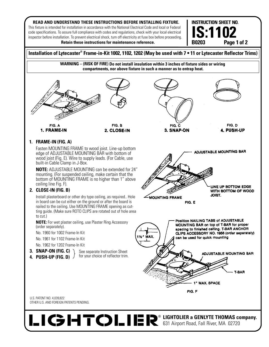 Lightolier 1202, 1002 specifications IS1102, B0203 