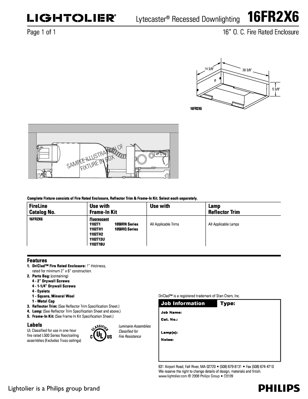 Lightolier specifications Lytecaster Recessed Downlighting16FR2X6, 16” O. C. Fire Rated Enclosure, Page 1 of, FireLine 