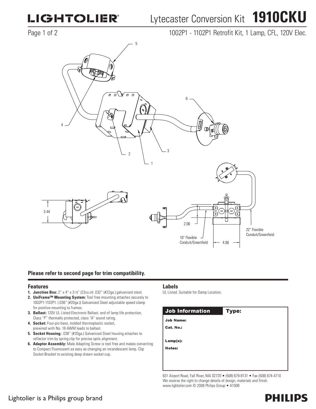 Lightolier manual Lytecaster Conversion Kit 1910CKU, 1002P1 1102P1 Retrofit Kit, 1 Lamp, CFL, 120V Elec, Labels 