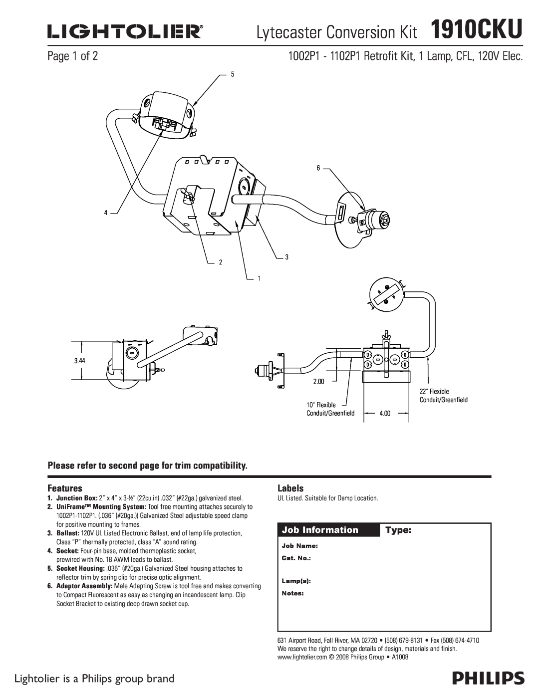 Lightolier manual Lytecaster Conversion Kit1910CKU, Page 1 of, Lightolier is a Philips group brand, Job Information 