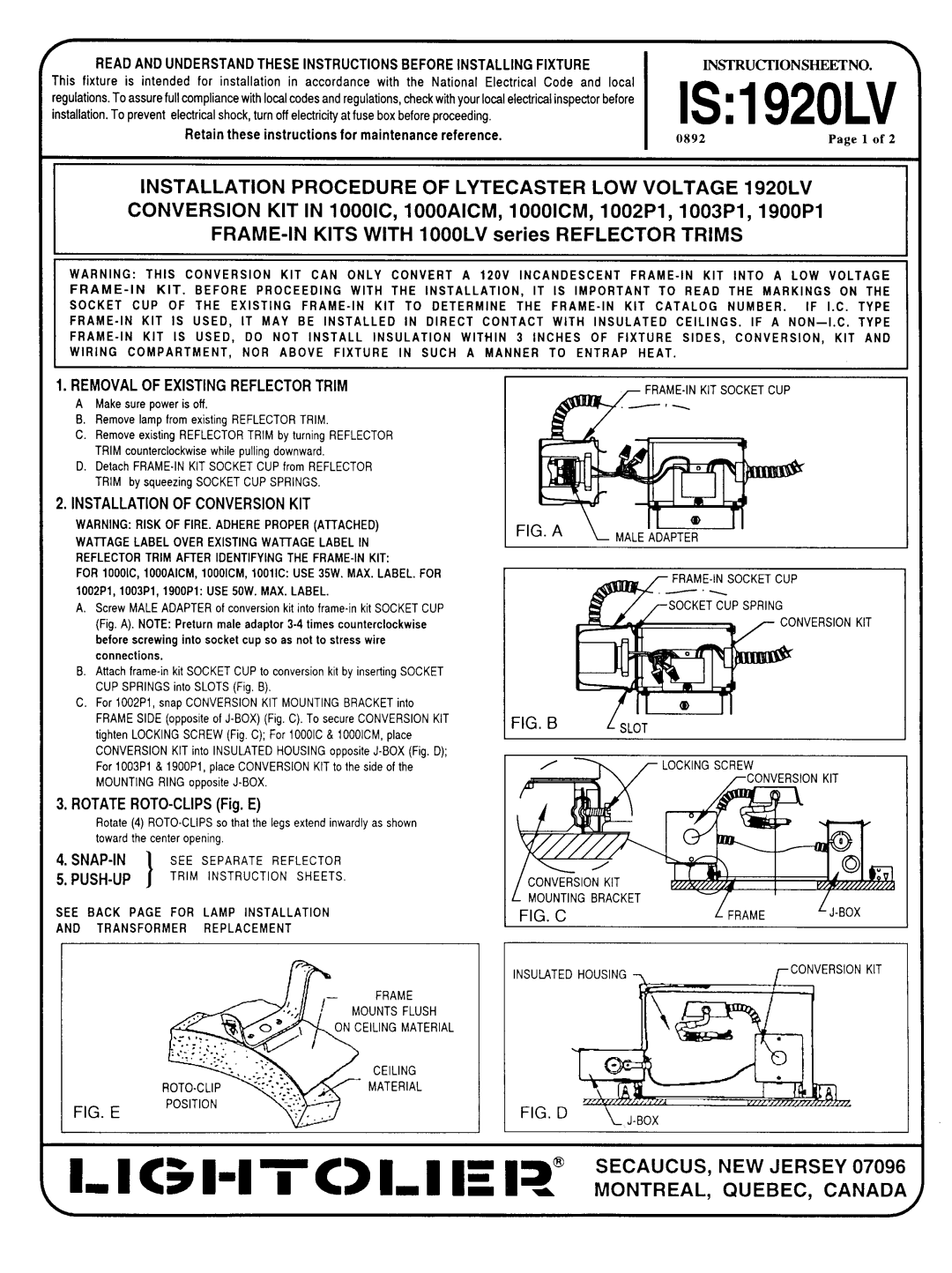 Lightolier 1920 instruction sheet FRAME-IN Kits with 1000LV series Reflector Trims, Removalofexisting Reflectortrim 