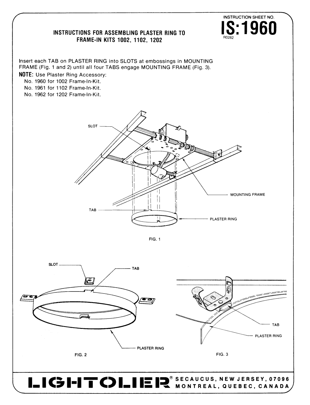 Lightolier 1960 instruction sheet Instructions for Assembling Plaster Ring to, FRAME-IN Kits 1002, 1102 