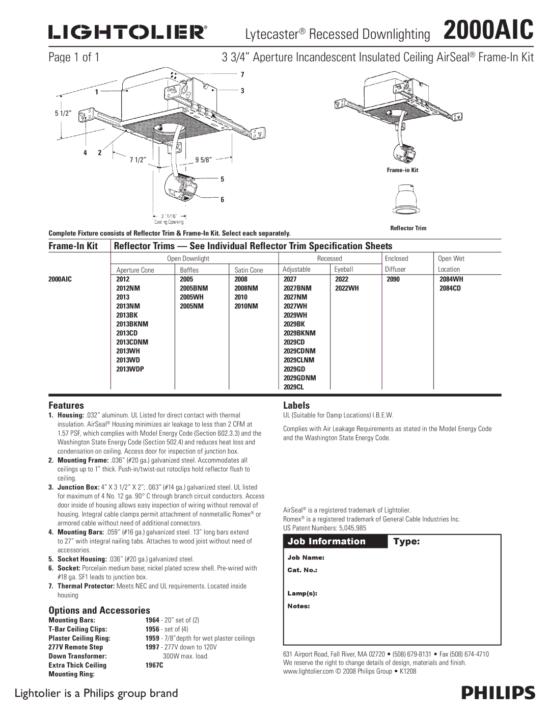 Lightolier specifications Lytecaster Recessed Downlighting 2000AIC, Frame-In Kit, Features, Options and Accessories 