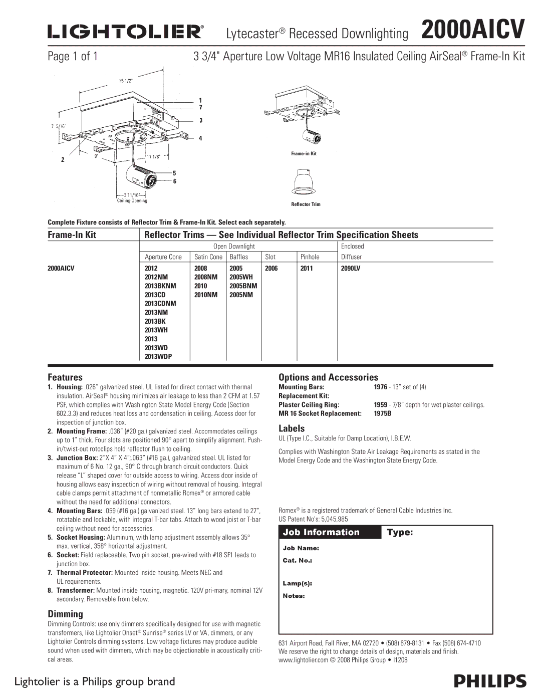 Lightolier specifications Lytecaster Recessed Downlighting 2000AICV, Features, Dimming, Options and Accessories, Labels 