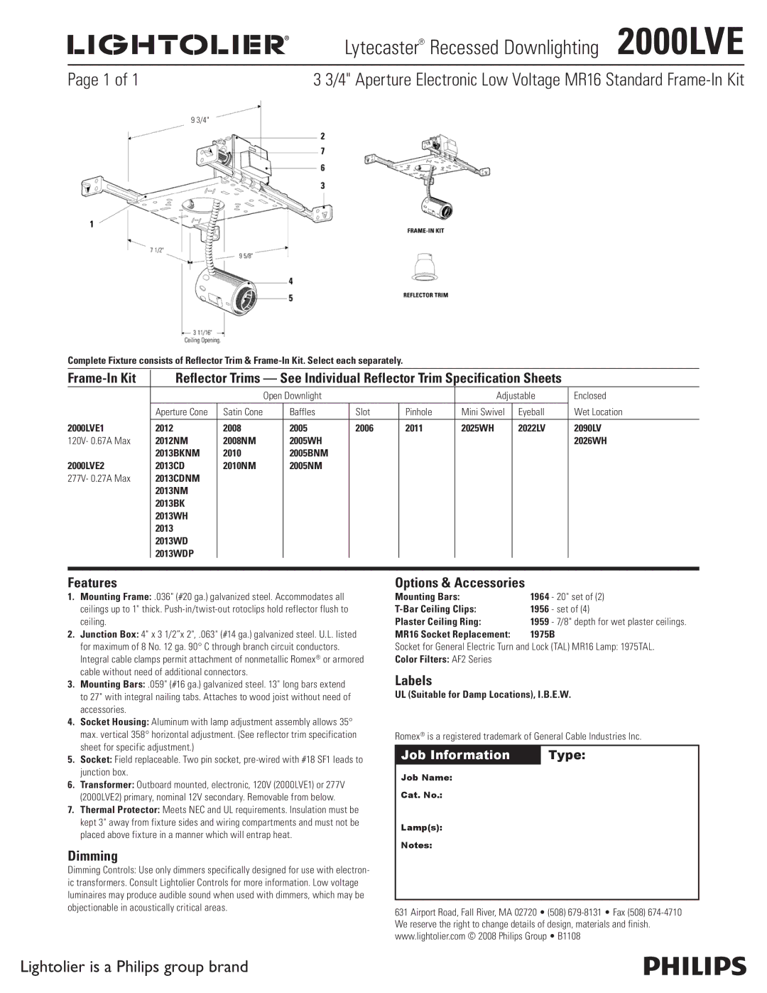 Lightolier specifications Lytecaster Recessed Downlighting 2000LVE 