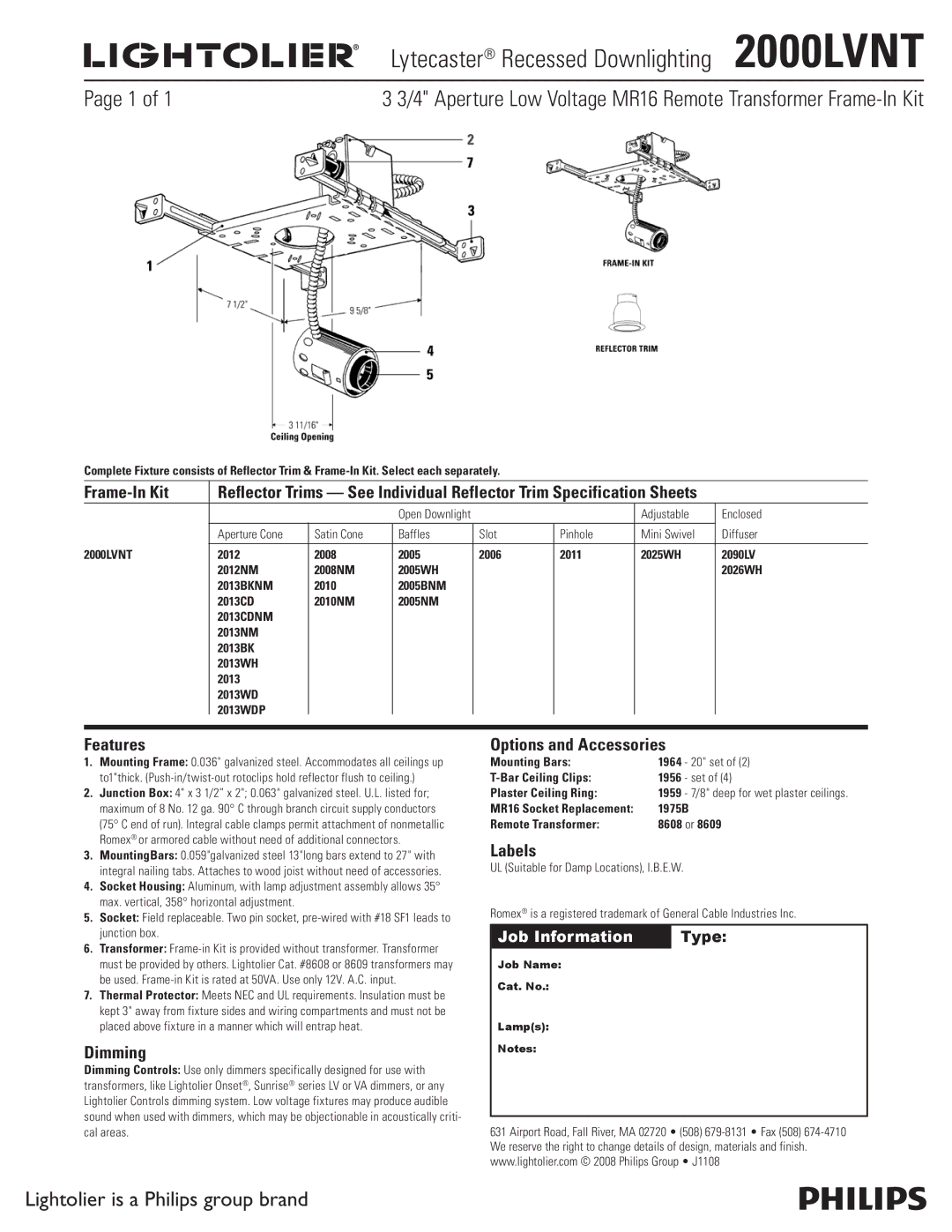 Lightolier specifications Lytecaster Recessed Downlighting 2000LVNT, Lightolier is a Philips group brand 