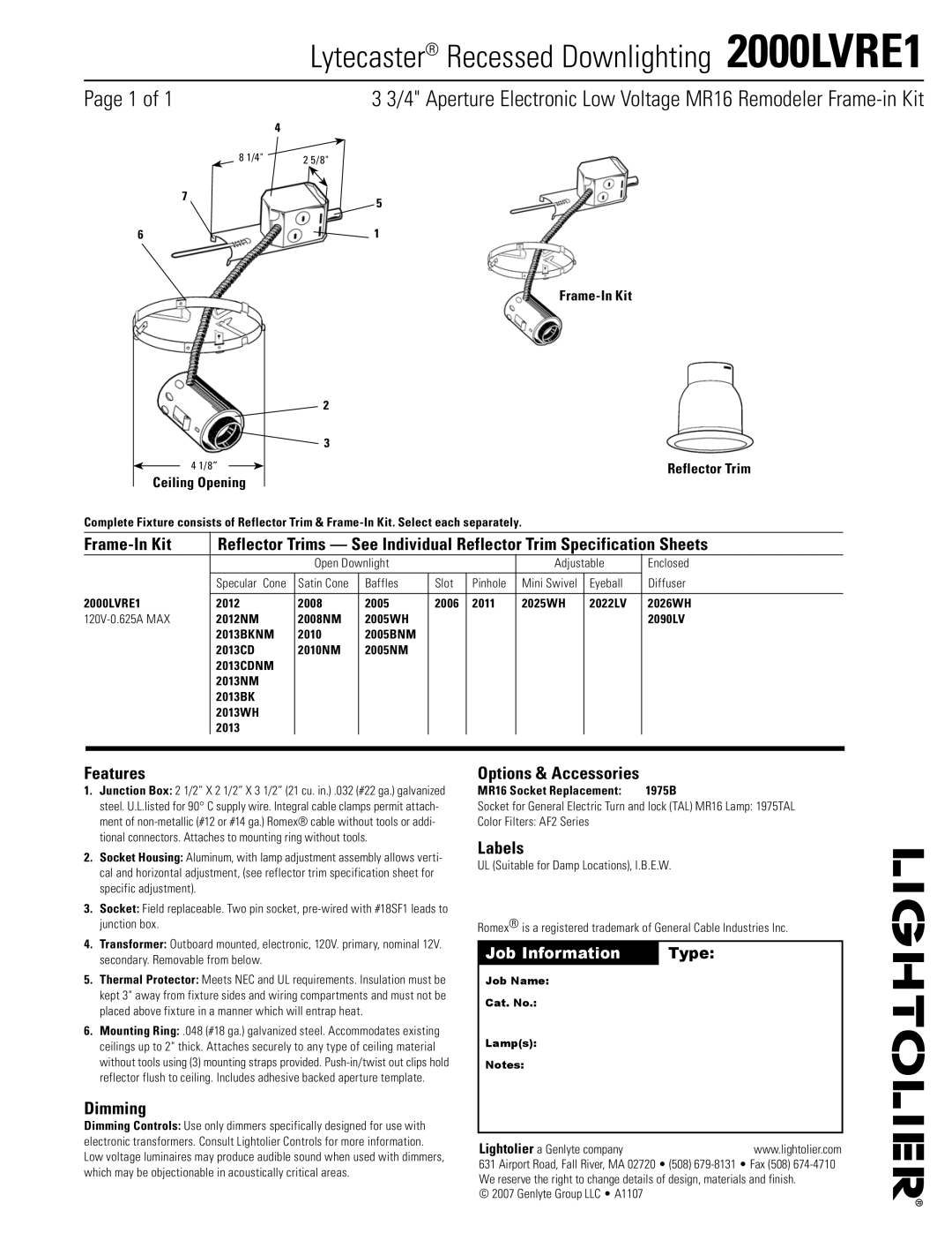 Lightolier specifications Lytecaster Recessed Downlighting 2000LVRE1, Features, Dimming, Options & Accessories, Labels 