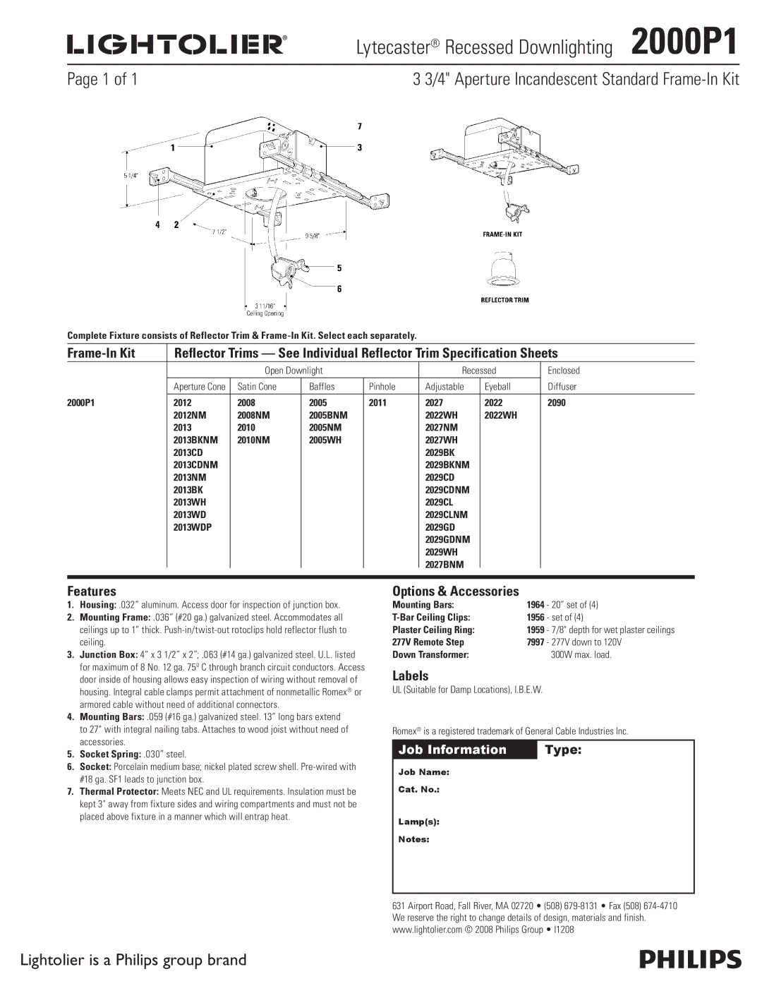 Lightolier specifications Lytecaster Recessed Downlighting 2000P1, Aperture Incandescent Standard Frame-In Kit 