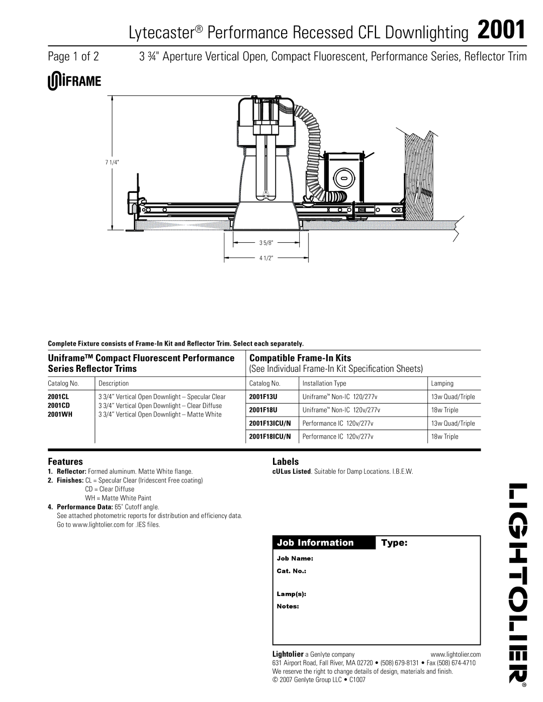 Lightolier 2001 specifications Lytecaster Performance Recessed CFL Downlighting , Features Labels 