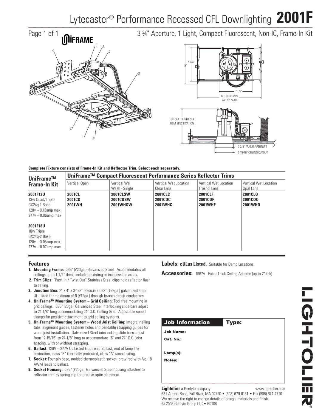 Lightolier manual Lytecaster Performance Recessed CFL Downlighting 2001F, UniFrame, Frame-In Kit, Features 