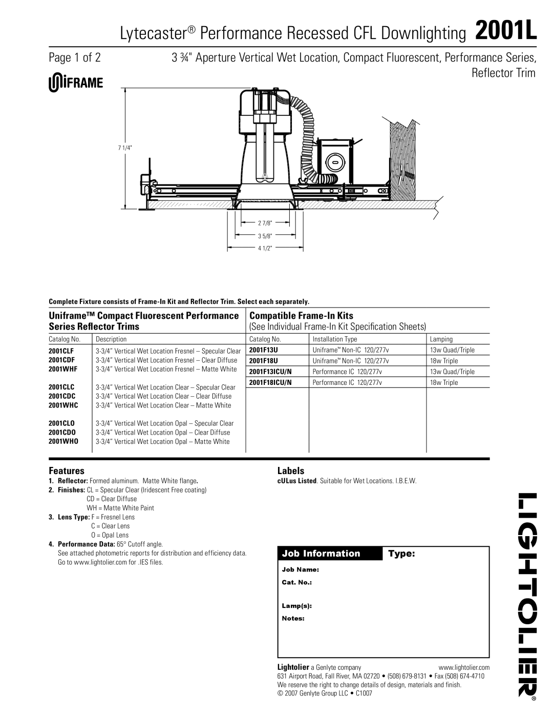 Lightolier 2001L specifications Compatible Frame-In Kits Series Reflector Trims, Features, Labels 