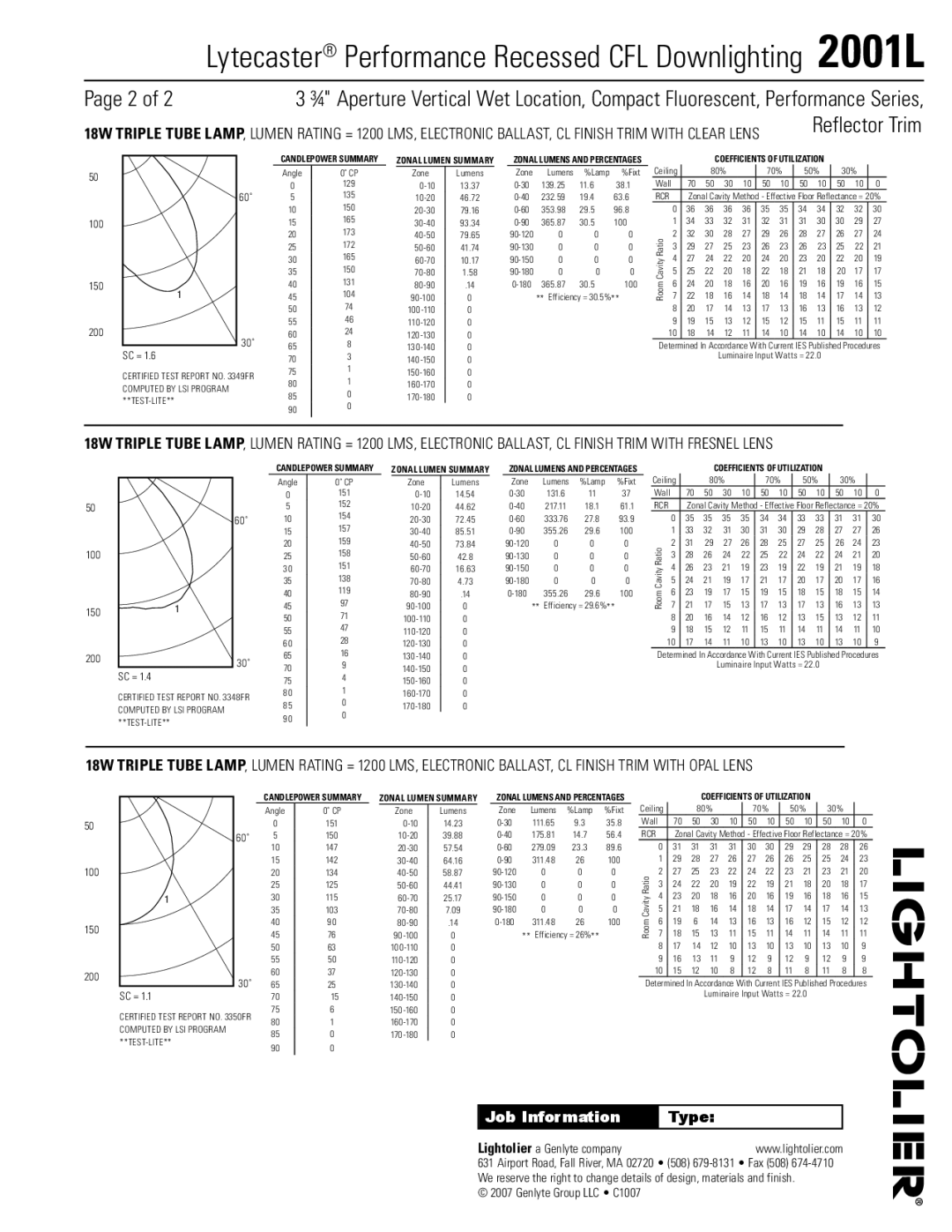 Lightolier specifications Lytecaster Performance Recessed CFL Downlighting 2001L 