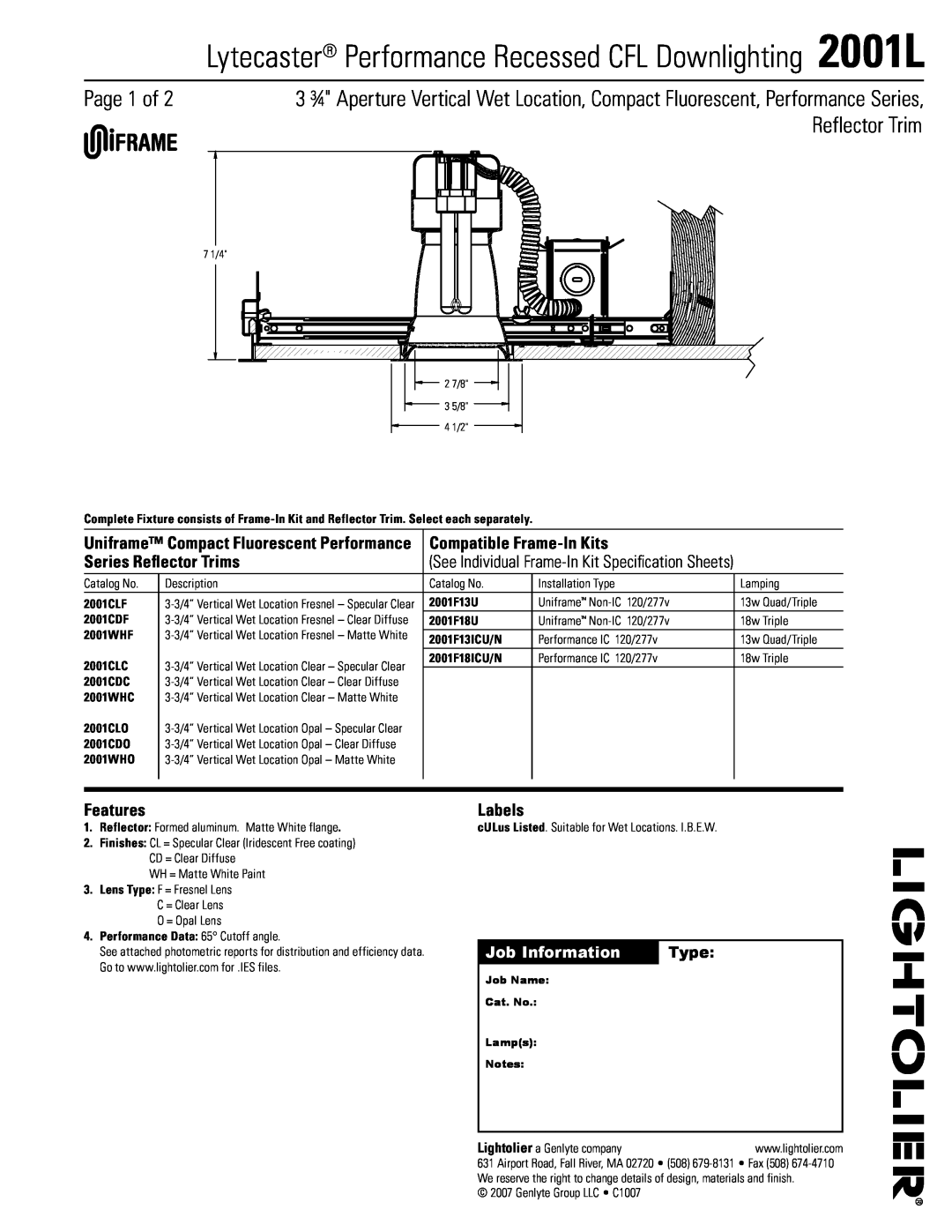Lightolier 2001L specifications Page of, Reflector Trim, Job Information, Type, Compatible Frame-InKits, Features, Labels 