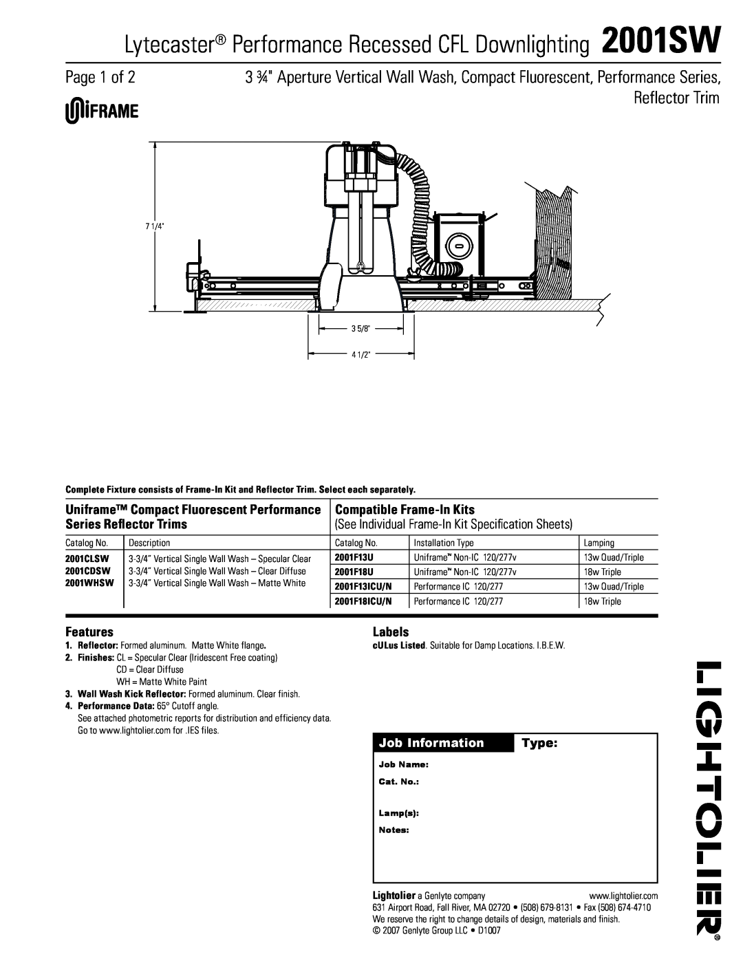 Lightolier 2001SW specifications Page of, Reflector Trim, Job Information, Type, Uniframe Compact Fluorescent Performance 