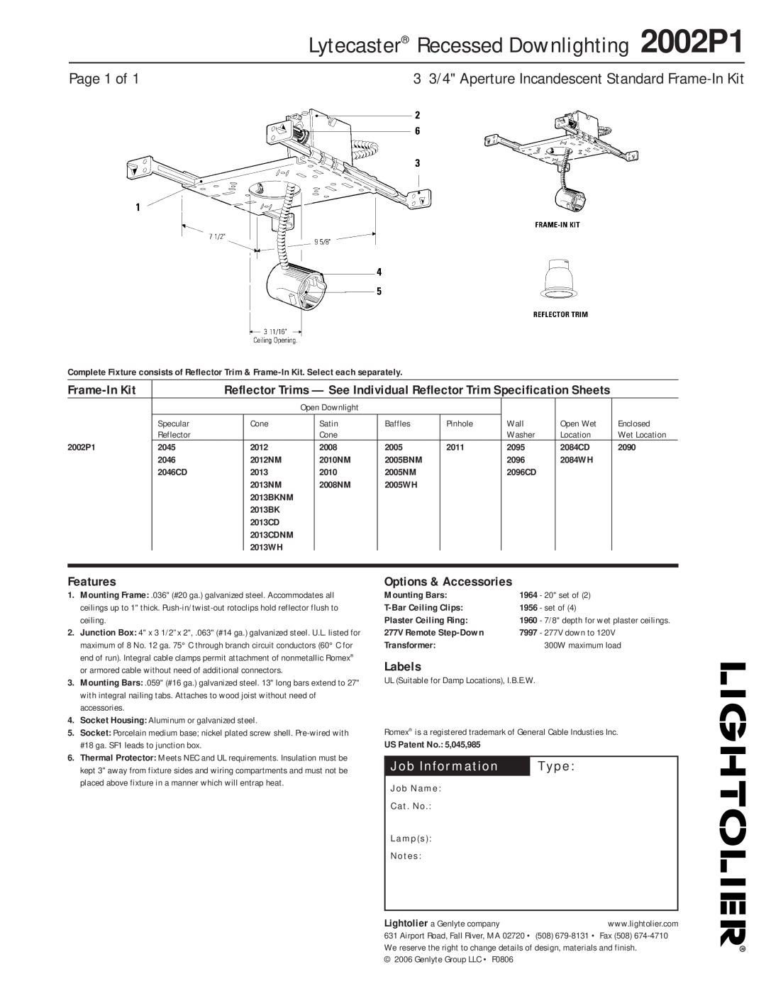Lightolier specifications Lytecaster Recessed Downlighting 2002P1, Page 1 of, Frame-InKit, Features, Labels, Type 