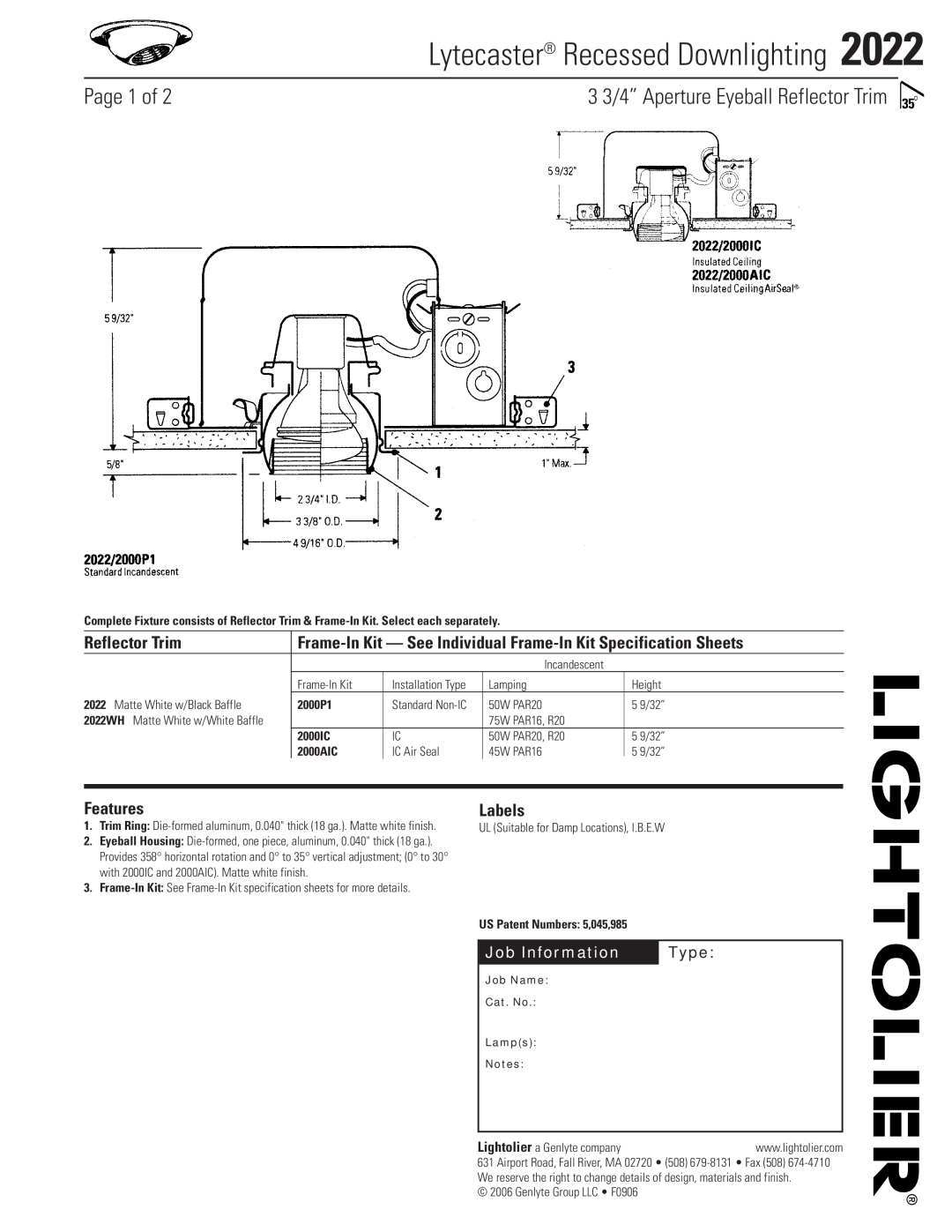 Lightolier 2022 specifications Lytecaster Recessed Downlighting, Page 1 of, 3 3/4” Aperture Eyeball Reflector Trim, Type 