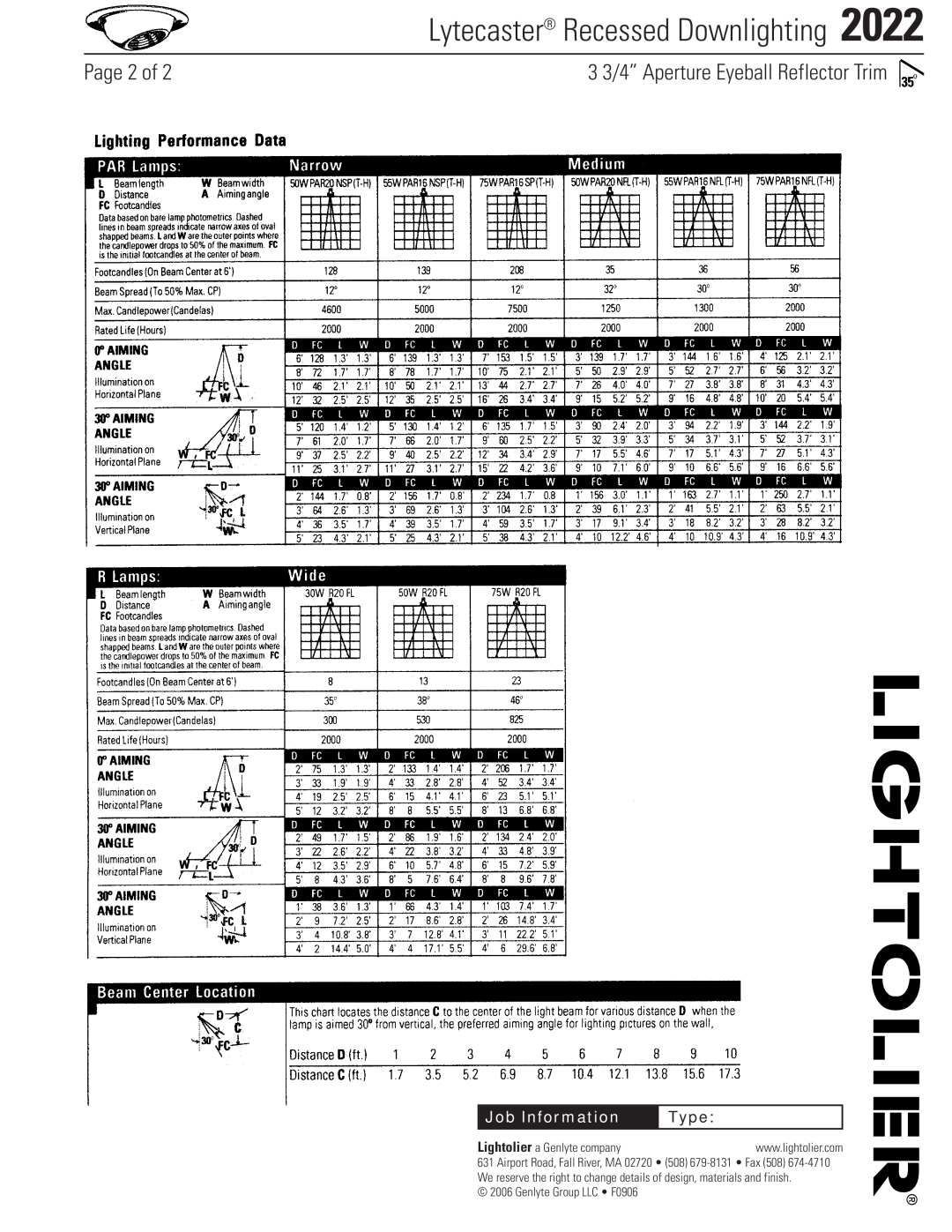 Lightolier 2022 Page 2 of, Lytecaster Recessed Downlighting, 3 3/4” Aperture Eyeball Reflector Trim, Job Information, Type 