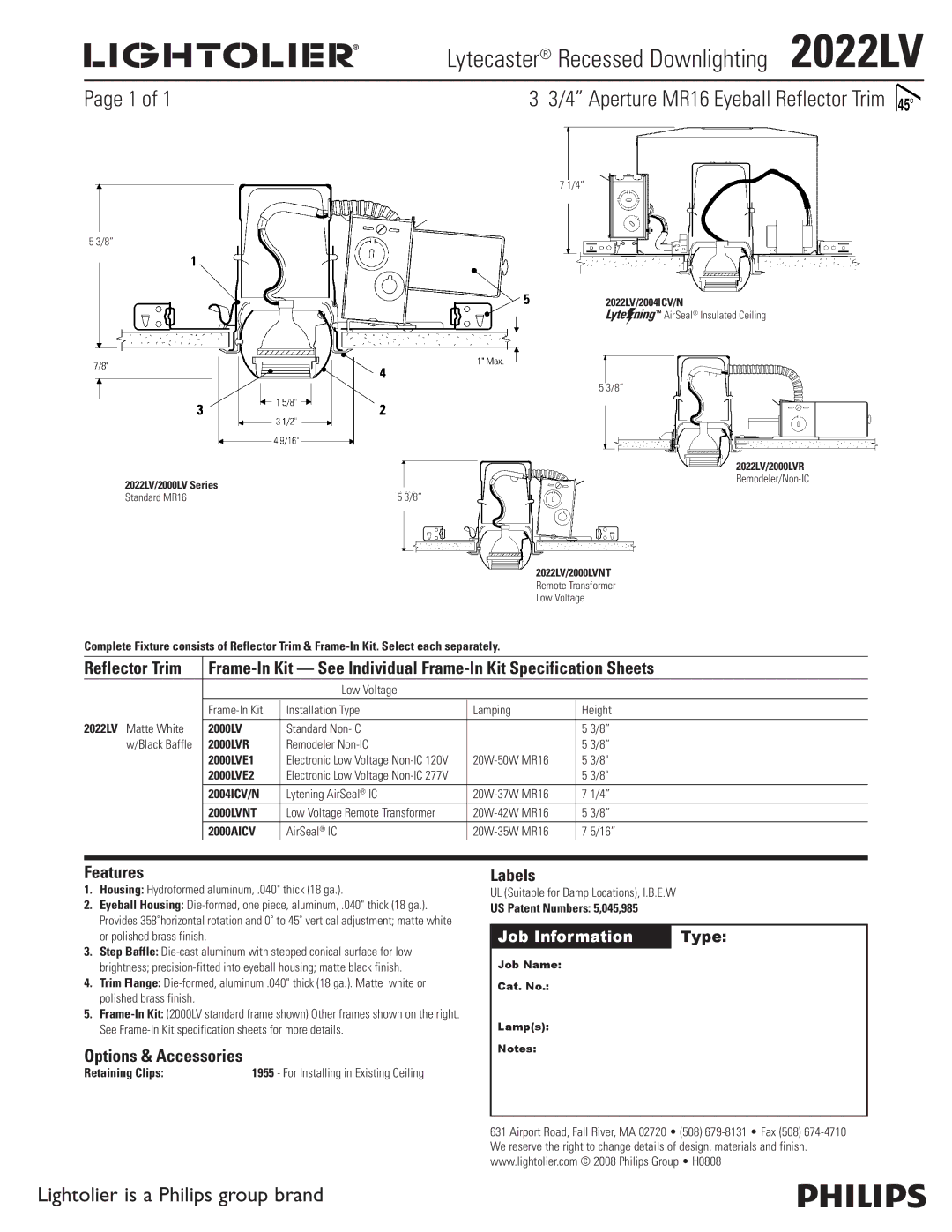 Lightolier specifications Lytecaster Recessed Downlighting 2022LV, Aperture MR16 Eyeball Reflector Trim, Features 