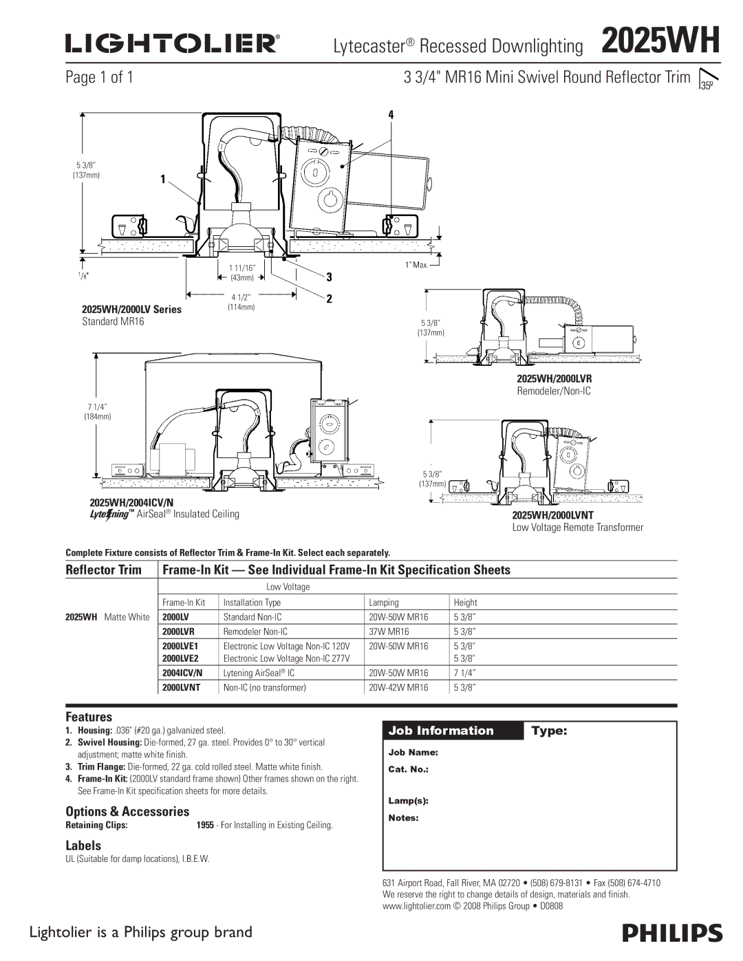 Lightolier specifications Lytecaster Recessed Downlighting 2025WH, 4 MR16 Mini Swivel Round Reflector Trim, Features 
