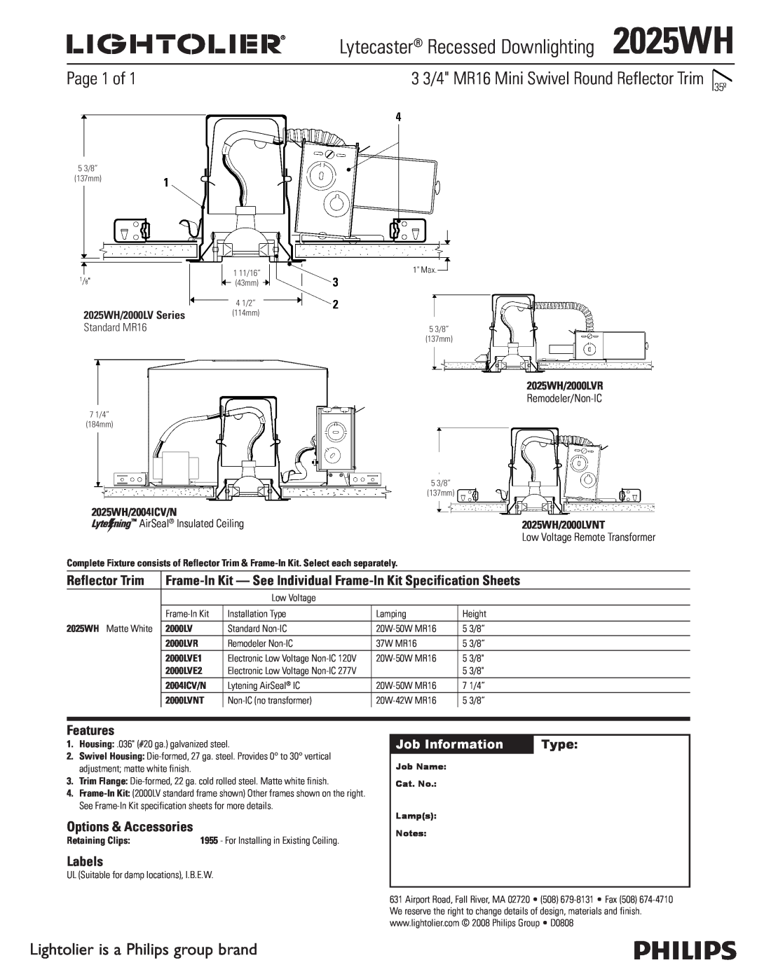 Lightolier specifications Page 1 of, Lightolier is a Philips group brand, Lytecaster Recessed Downlighting2025WH, Type 