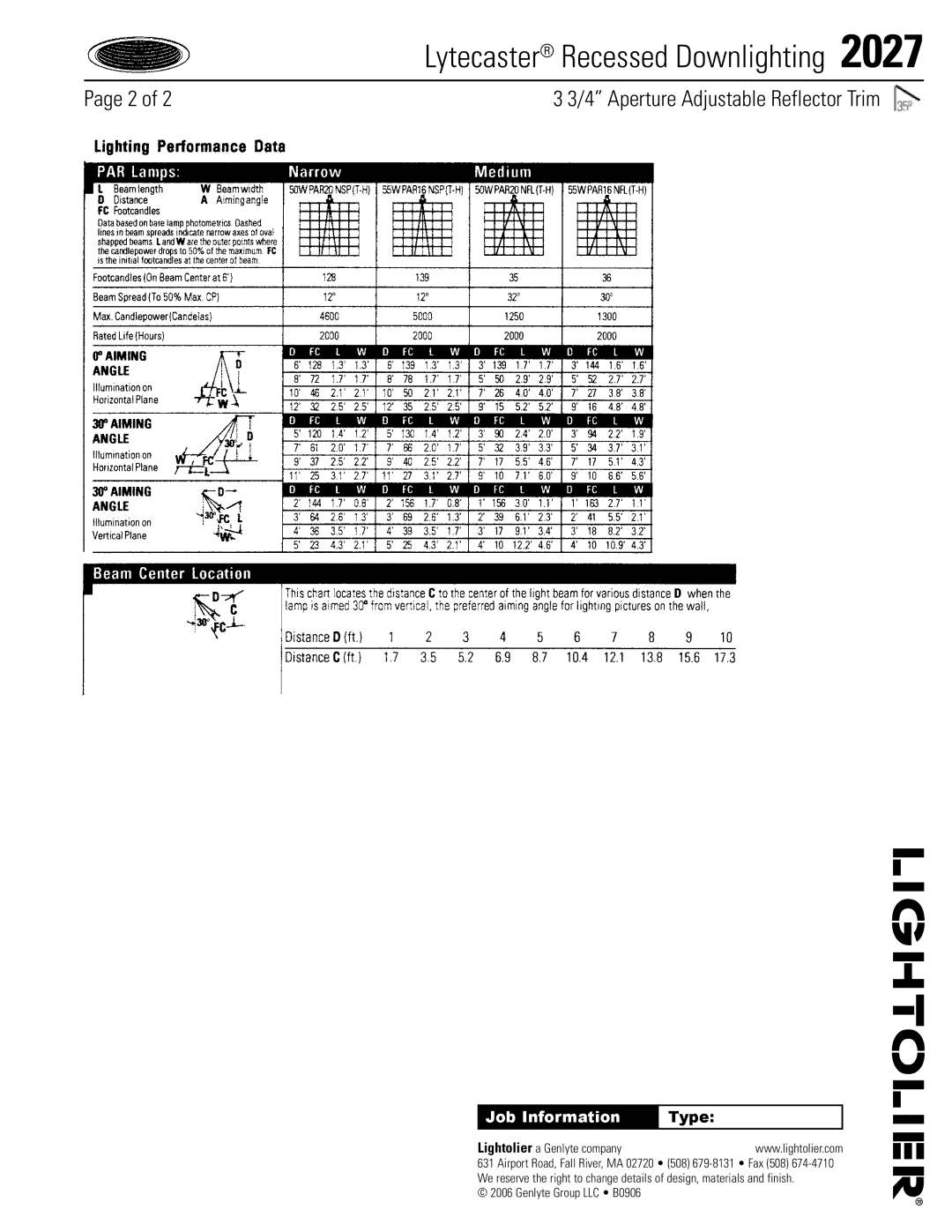 Lightolier 2027WH, 2029BK, 2029CD, 2029CL, 2027BNM, 2029GD specifications Job Information, Type, Lightolier a Genlyte company 