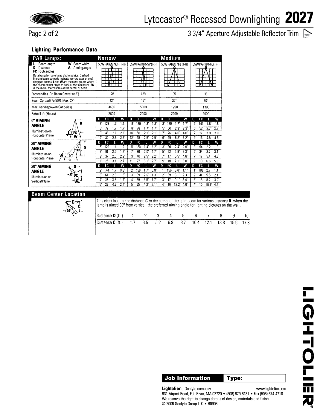 Lightolier 2027WH Lytecaster Recessed Downlighting, Page of, 3 3/4” Aperture Adjustable Reflector Trim, Job Information 
