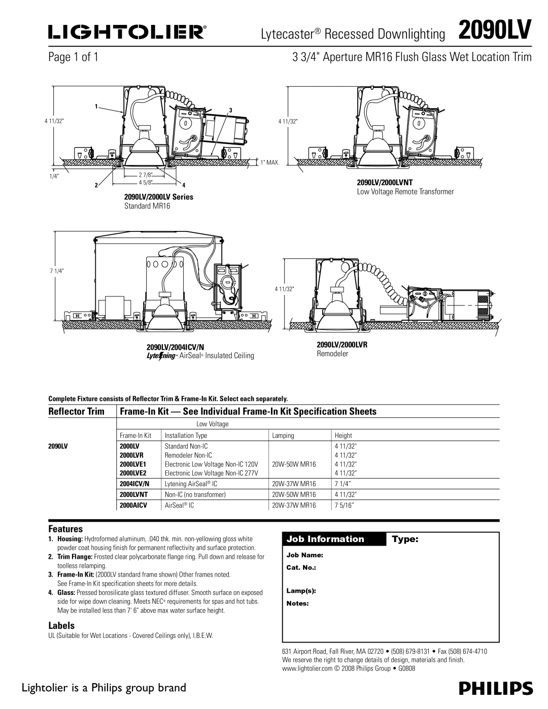 Lightolier specifications Lytecaster Recessed Downlighting 2090LV, Aperture MR16 Flush Glass Wet Location Trim, Labels 