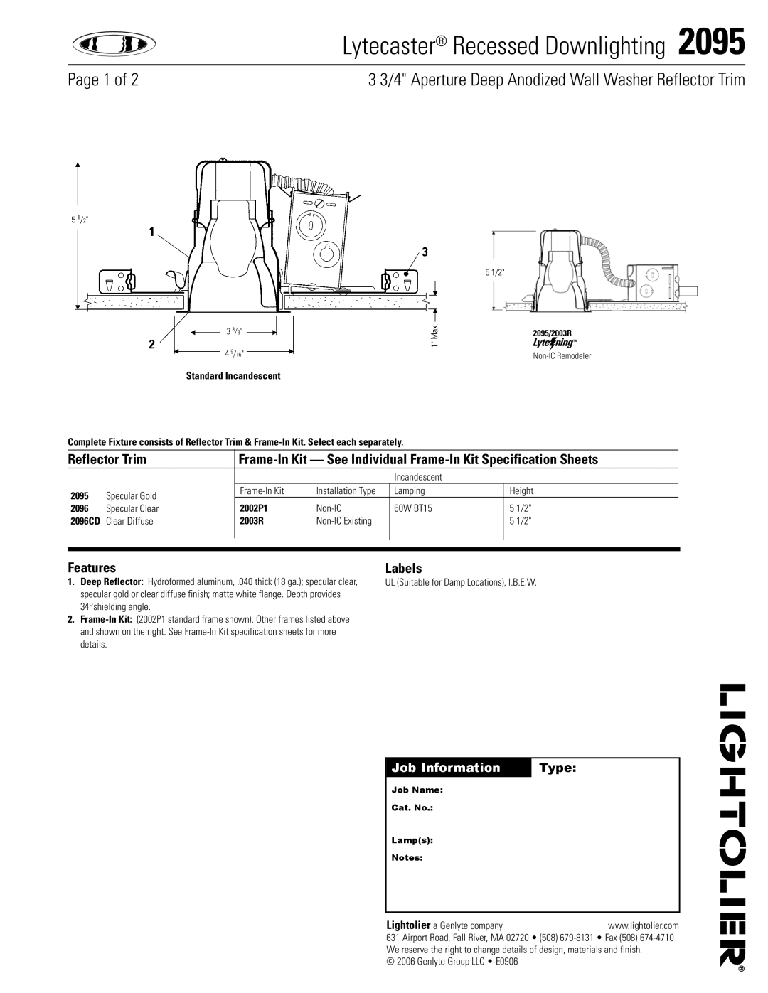 Lightolier 2095 specifications Features, Labels 