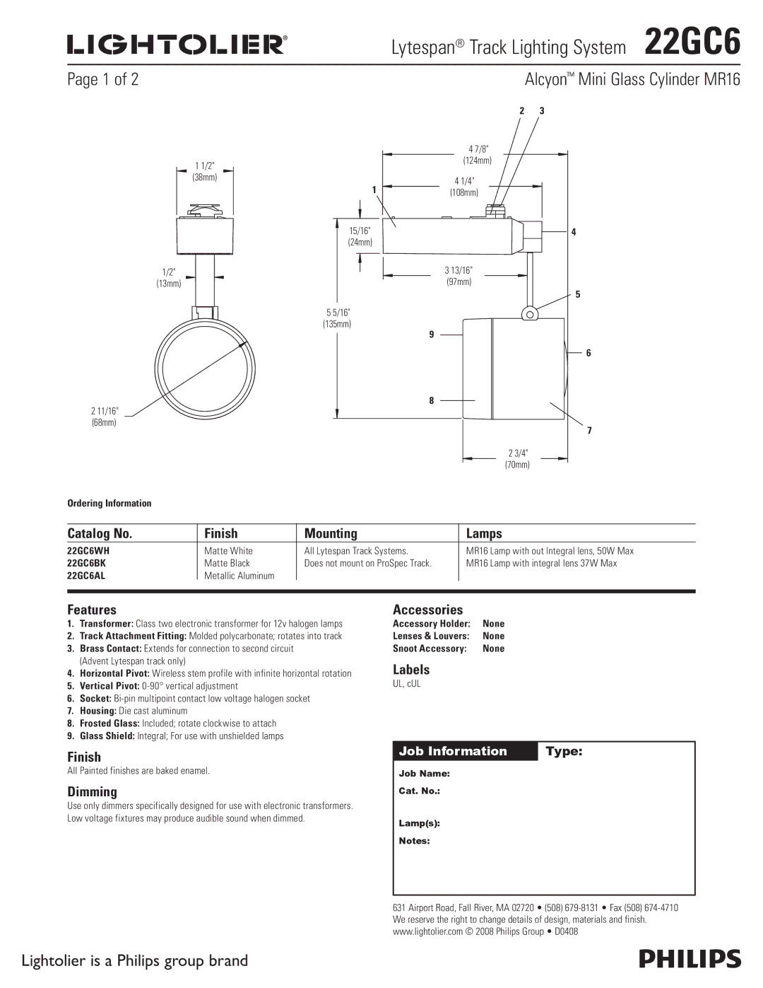 Lightolier 22GC6 manual Catalog No Finish Mounting Lamps, Features, Dimming, Accessories, Labels 