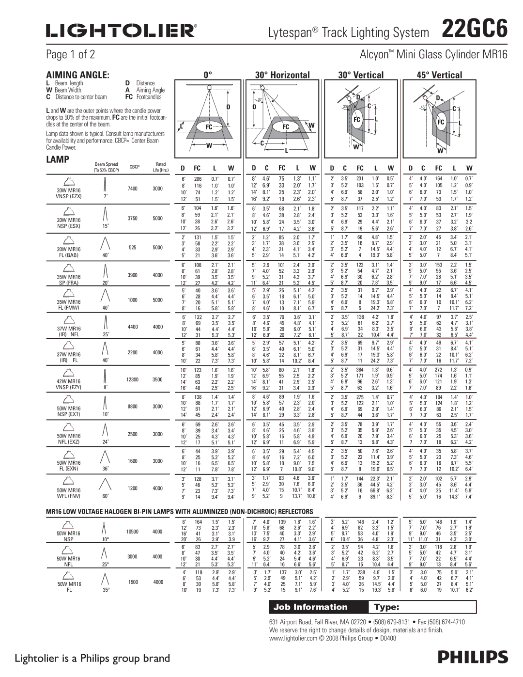 Lightolier 22GC6 manual Horizontal, Vertical 