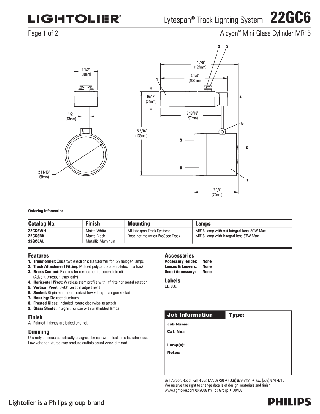 Lightolier manual Lytespan Track Lighting System22GC6, Alcyon Mini Glass Cylinder MR16, Page 1 of, Catalog No, Finish 