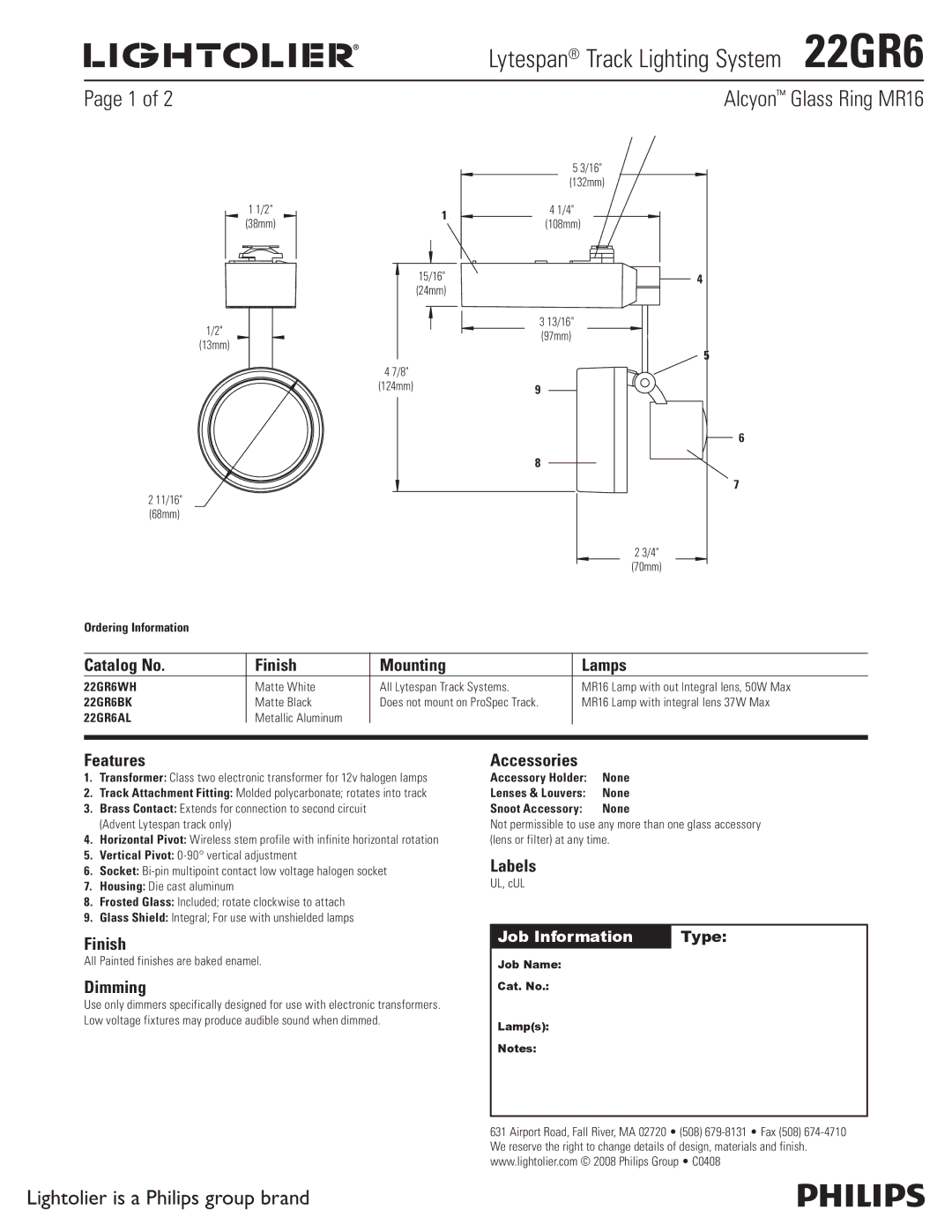 Lightolier 22GR6 manual Catalog No Finish Mounting Lamps, Features, Dimming, Accessories, Labels 