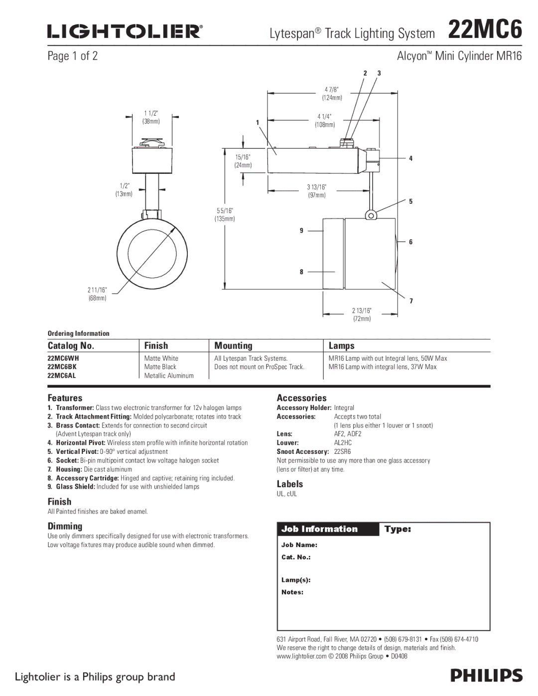 Lightolier 22MC6 manual Catalog No Finish Mounting Lamps, Features, Dimming, Accessories, Labels 