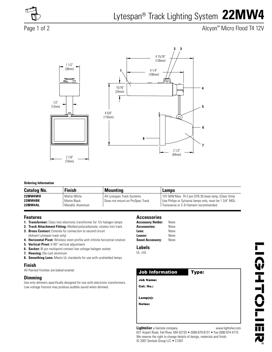 Lightolier 22MW4 manual Catalog No Finish Mounting Lamps, Features, Accessories, Labels, Dimming 