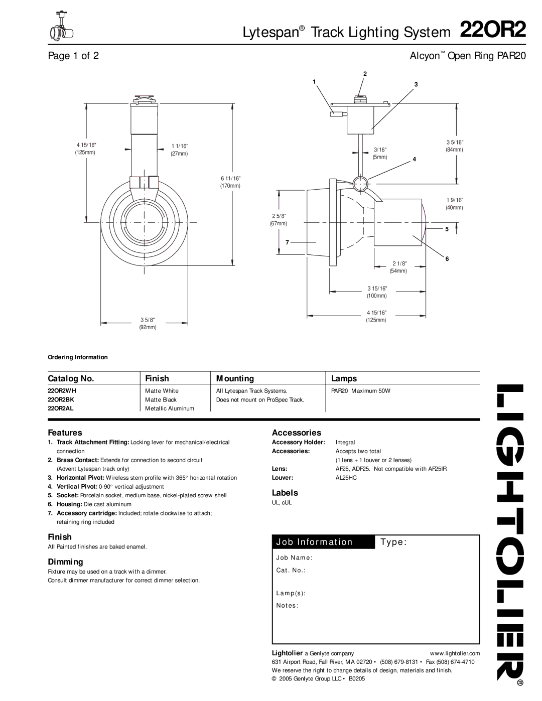 Lightolier 22OR2 manual Catalog No Finish Mounting Lamps, Features, Dimming, Accessories, Labels 