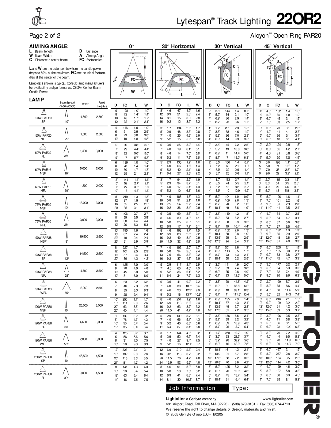 Lightolier 22OR2 manual Aiming Angle, Lamp, Horizontal 