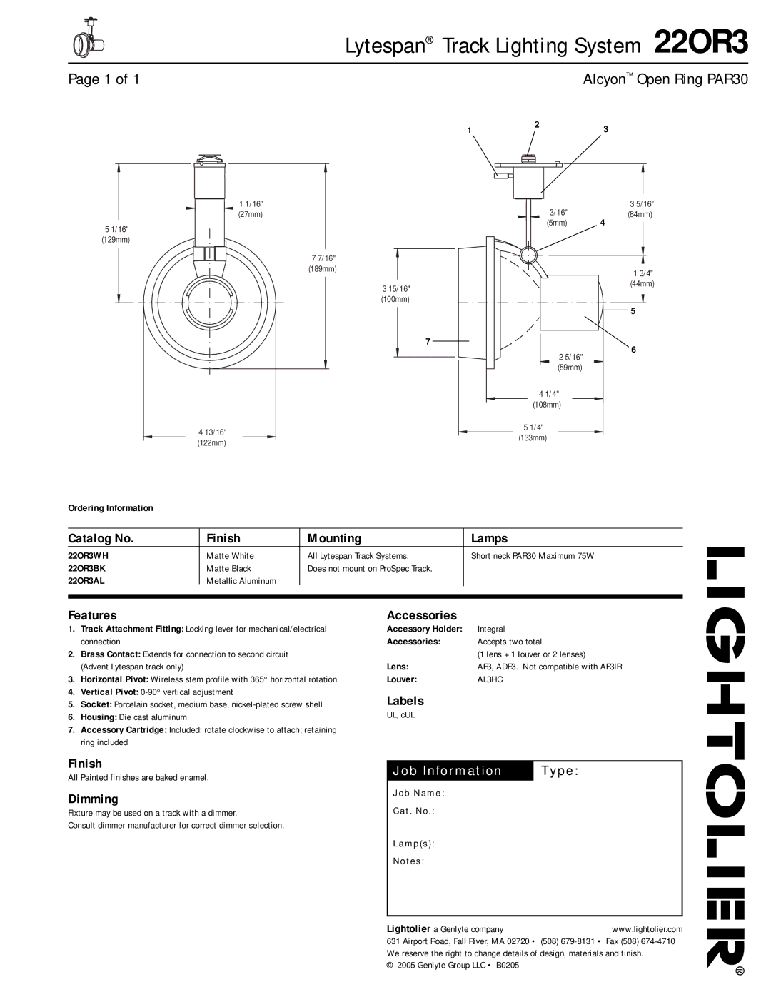 Lightolier 22OR3 manual Catalog No Finish Mounting Lamps, Features, Labels, Dimming, Accessories 