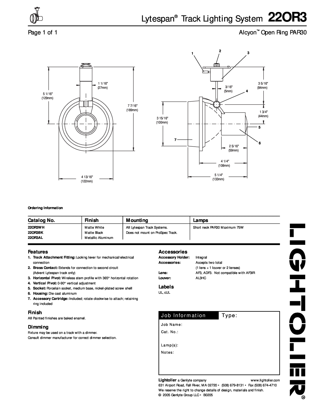 Lightolier 22OR3 manual Page 1 of, Alcyon Open Ring PAR30, Catalog No, Finish, Mounting, Lamps, Features, Labels, Dimming 