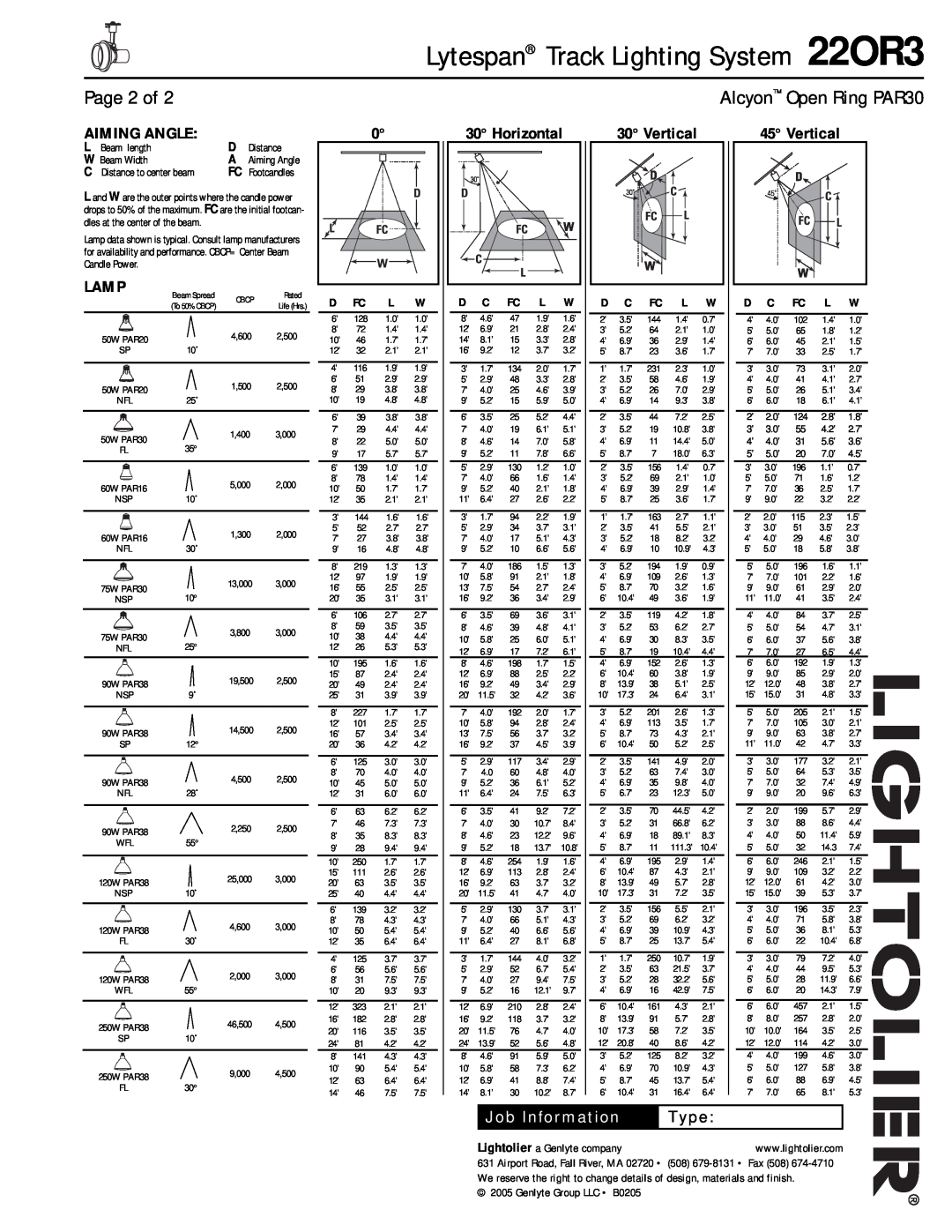 Lightolier 22OR3 manual Page 2 of, Aiming Angle, Horizontal, Lamp, Vertical, Type, Lytespan Track Lighting System 