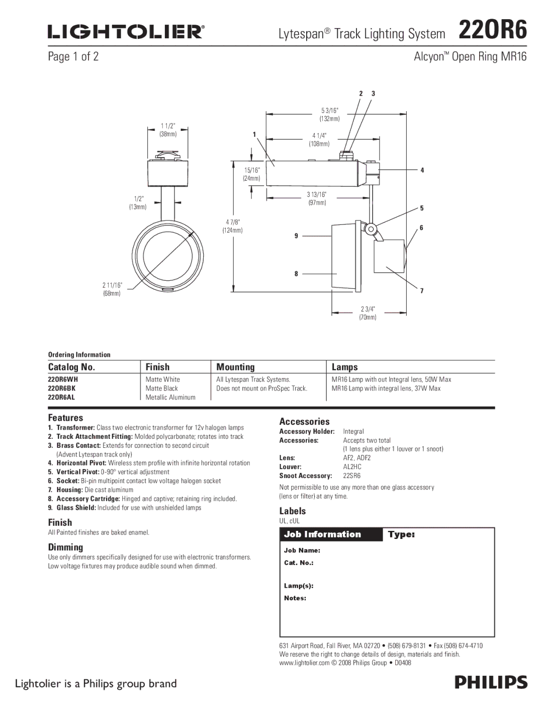 Lightolier 22OR6 manual Catalog No Finish Mounting Lamps, Features, Dimming, Accessories, Labels 