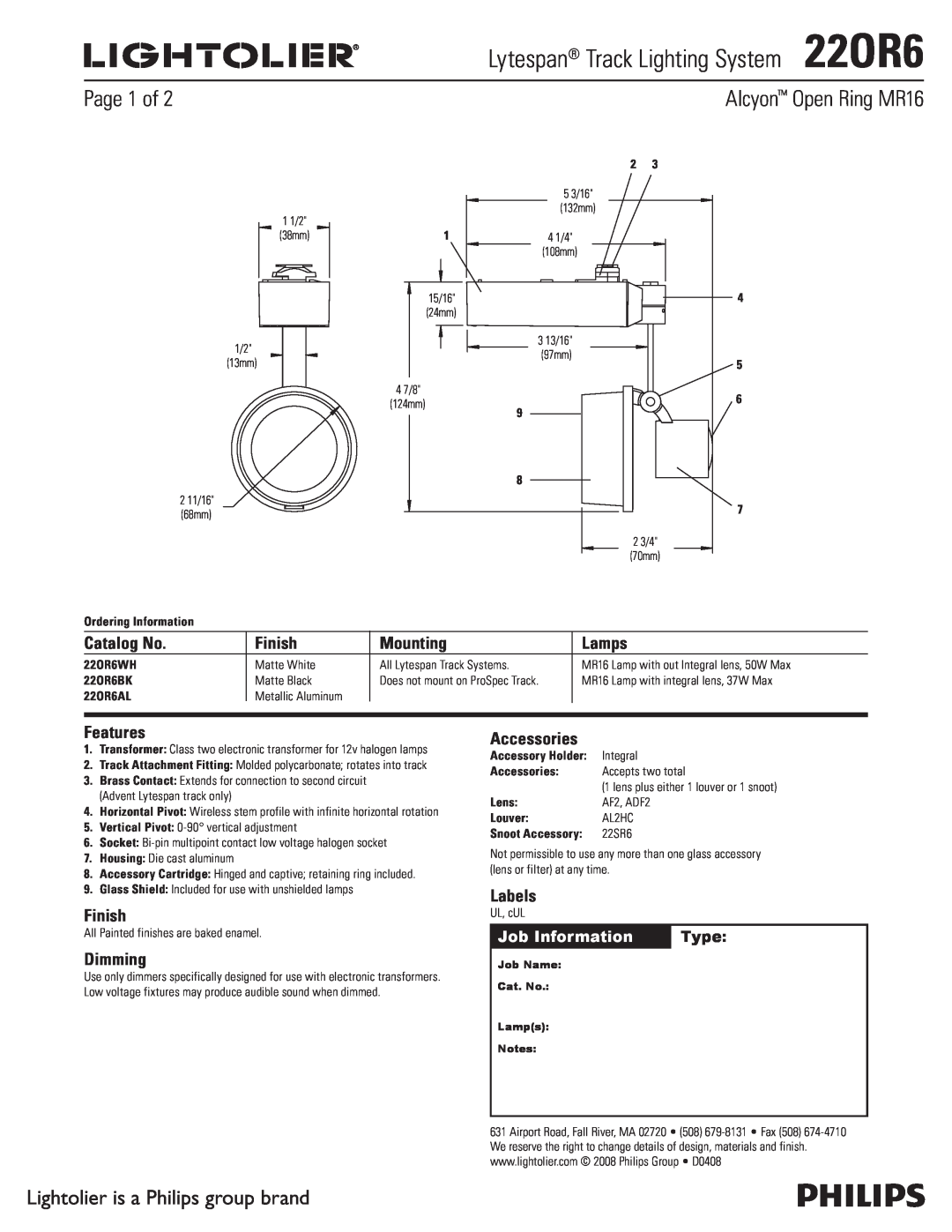 Lightolier manual Lytespan Track Lighting System22OR6, Page 1 of, Lightolier is a Philips group brand, Catalog No, Type 