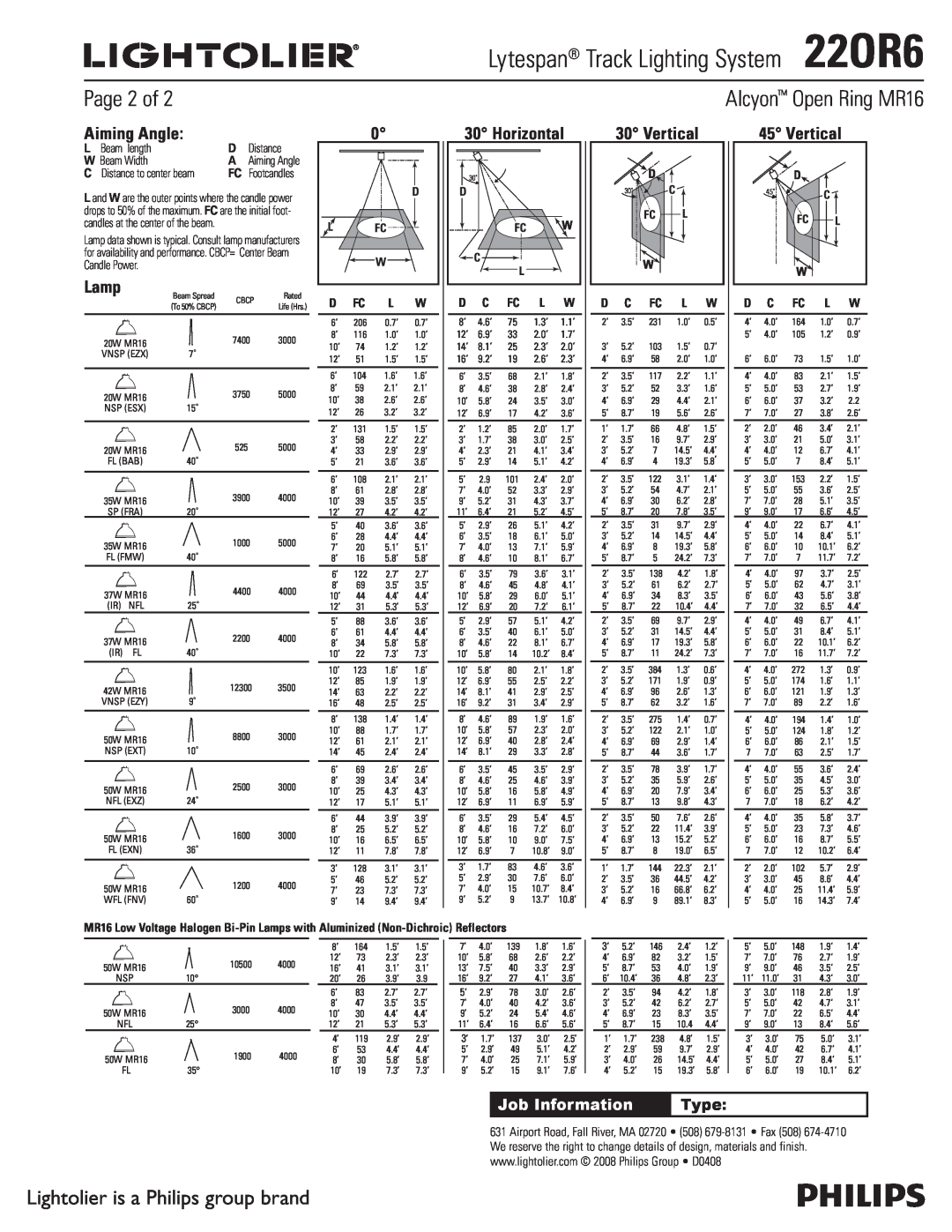 Lightolier 22OR6 manual Alcyon Open Ring MR16, Page 2 of, Aiming Angle, Lamp, Horizontal, Vertical, Job Information, Type 